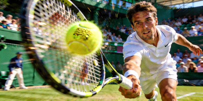 网球运动员在赛场上激烈击球的瞬间